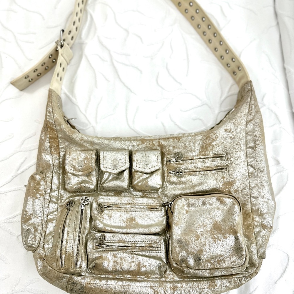 Tory Burch Vintage Y2K Metallic Suede Shoulder Messenger Bag Adjustable Strap